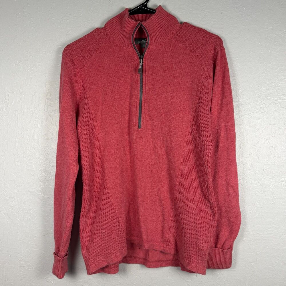 Eddie Bauer Women’s M Quarter Zip Sweater Coral Red Mock Neck Textured Knit